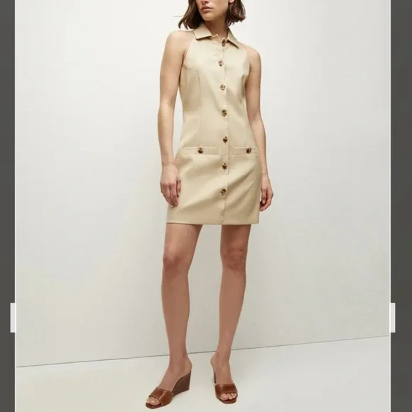 Veronica Beard Roxanne Linen Blend Button-Up Minidress in Stone Khaki Size 14